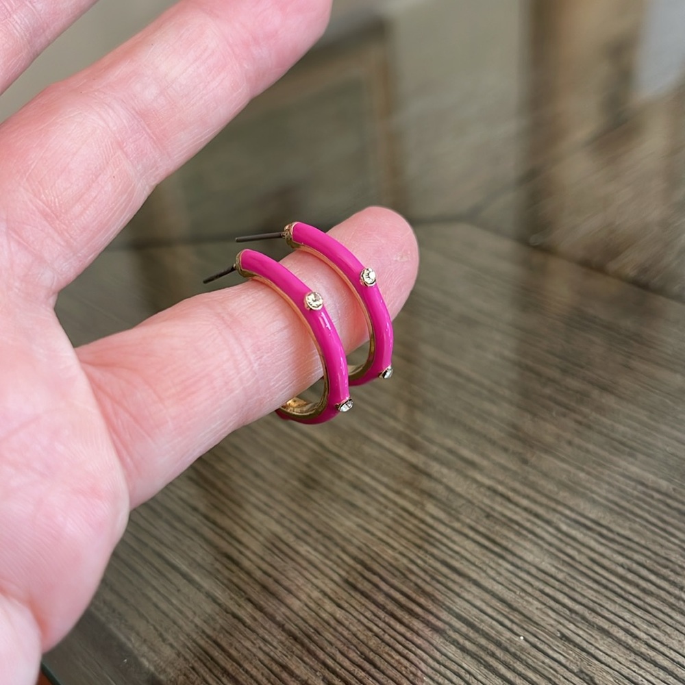 Boutique Style Hot Pink - Fuchsia Enamel Hoops with Rhinestone Accents. - Picture 8 of 16